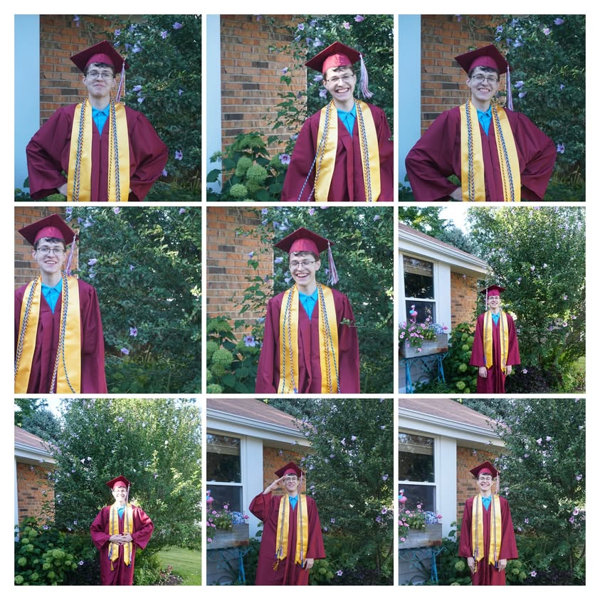 Collage of nine graduation photos of a young man in a maroon cap and gown.