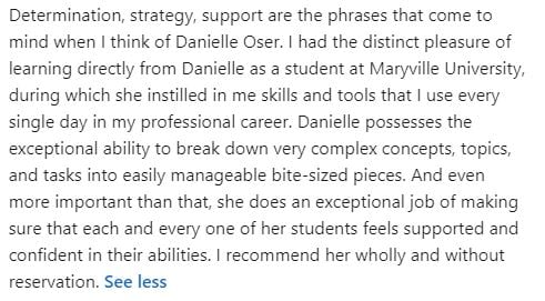 A screenshot of a LinkedIn recommendation written by a former student.