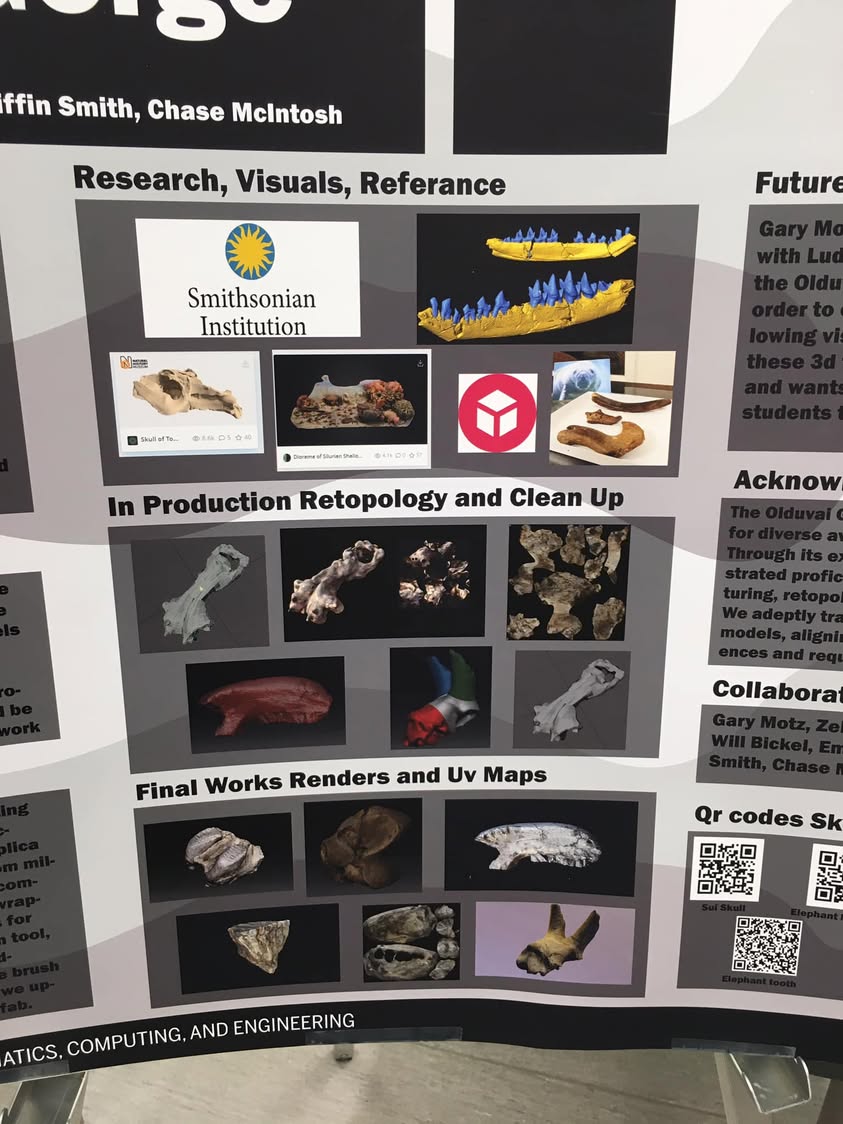 Research poster about a 3D fossil project, with fossil images and QR codes.