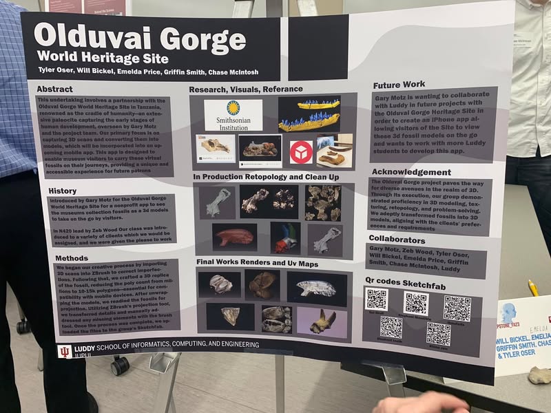 Project poster titled Olduvai Gorge World Heritage Site with fossil images and QR codes.